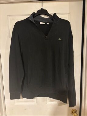 Lacoste Men's Black Quarter-Zip Sweatshirt with Green Crocodile Logo